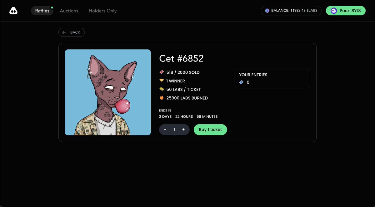 Our own Raffle and Auction site with built-in holder-gating and more cool features is now live. 

<a href="/CetsOnCreck/">CetsOnCreck is now CETS</a> <a href="/FamousFoxFed/">Famous Fox Federation 🦊🟠</a> <a href="/THELILYNFT/">LILY</a> <a href="/ElixirNFT/">Elixir</a> being raffled out for $LABS until sunday. Join the fun!

factory.launchlabs.app