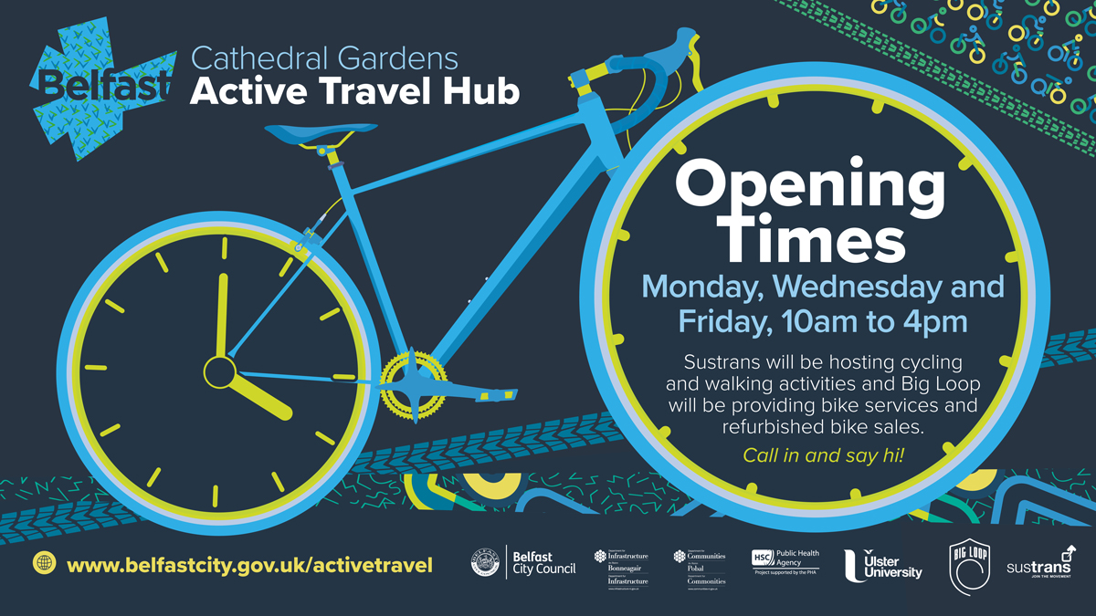If you work in Belfast city centre, call into our Cathedral Gardens #ActiveTravel Hub beside <a href="/UlsterUni/">Ulster University</a> &amp; find out how you could positively change your daily commute by walking, wheeling or cycling. <a href="/SustransNI/">SustransNI</a> &amp; <a href="/bigloopbikes/">bigloopbikes</a> belfastcity.gov.uk/activetravel #BolderVision #BelfastHour