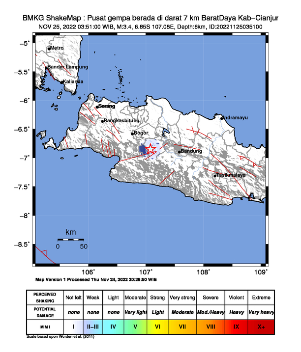 #Gempa Mag:3.4, 25-Nov-22 03:51:00 WIB, Lok:6.85 LS, 107.08 BT (Pusat gempa berada di darat 7 km BaratDaya Kab-Cianjur), Kedlmn:6 Km Dirasakan (MMI) II - III Cipanas, II - III Cibeber #BMKG