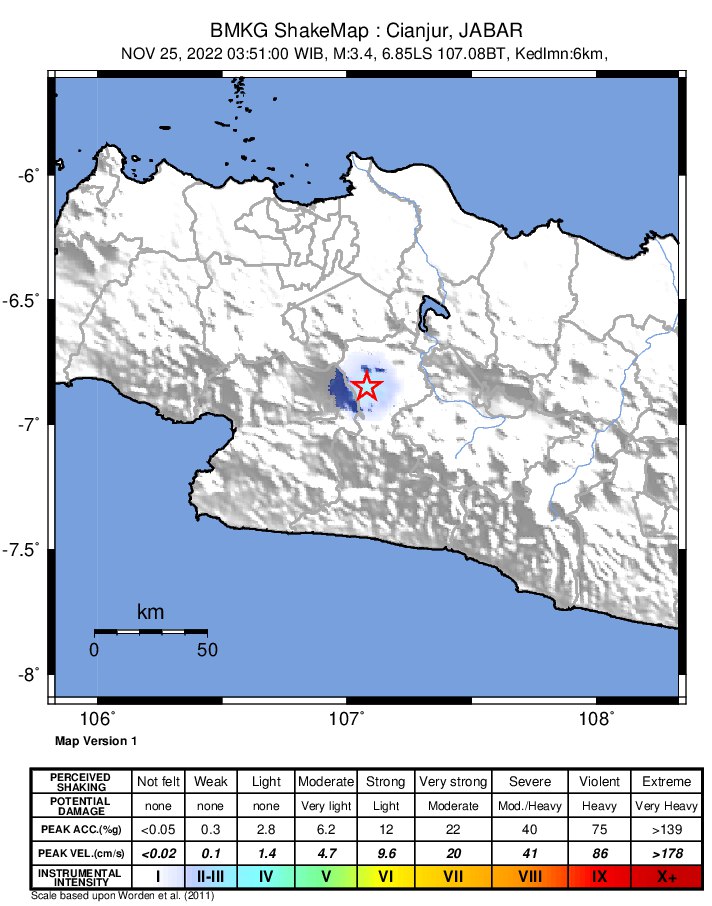 Info Gempa Mag:3.4, 25-Nov-22 03:51:00 WIB, Lok:6.85 LS - 107.08 BT (7 km BaratDaya KAB-CIANJUR-JABAR), Kedlmn: 6 Km, dirasakan di Cipanas dan Cibeber II-III MMI ::BMKG