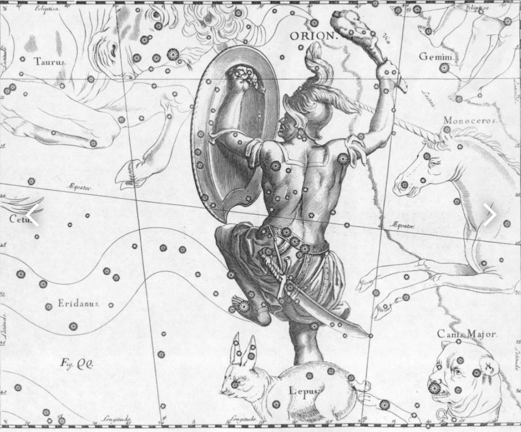 Dibujo de la constelación de Orión de Johannes Hevelius en su catálogo Uranographia de 1690.
Foto: Wikipedia