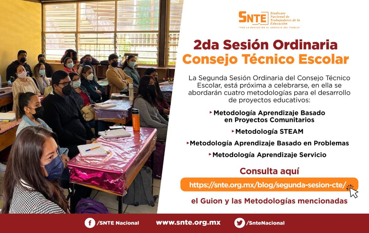 #SNTEconMéxico 👩‍🏫🇲🇽👨‍🏫

Compañeros maestr@s 👉seamos partícipes del Consejo Técnico Escolar 👨‍💼 Recuerden, es el órgano de mayor decisión técnico-pedagógica de cada escuela de Educación Básica, para la toma y ejecución de decisiones

Consulta Guión 👇

👉 bit.ly/3U39Ikh