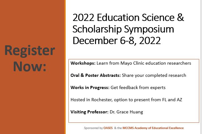 MayoFacDev's tweet photo. Register now for our 2022 #EducationScience & #Scholarship Symposium on December 6-8! This is an internal event for #MayoClinic #educators who want to enhance their #scholarship, promote our #MedEd
Community & showcase the #scholarly work of our #MayoClinic colleagues https://t.co/anVOromlXR