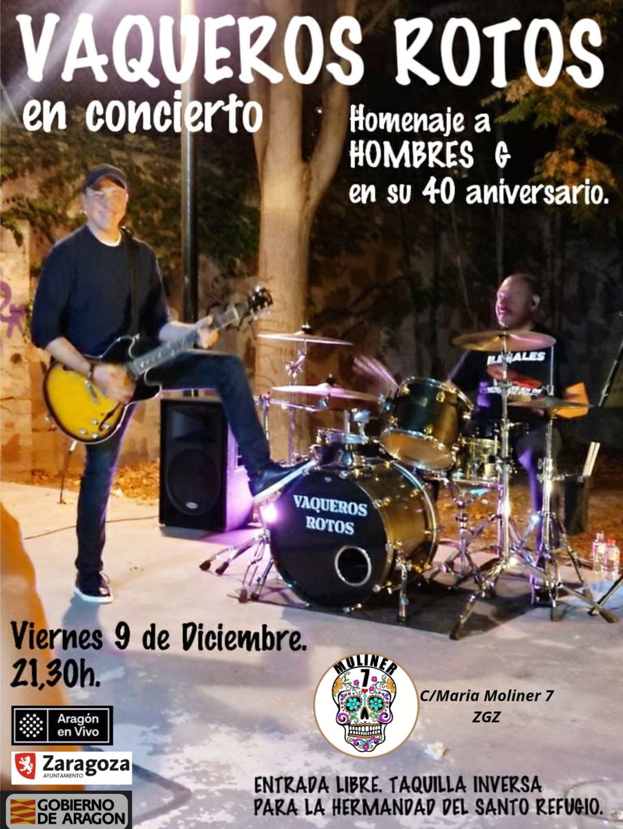 Próximo 9 de Diciembre.
VAQUEROS ROTOS en directo homenajeando a <a href="/hombresgnet/">Hombres G</a>.
Donaremos íntegramente la taquilla inversa a la Hermandad del Santo Refugio de Zaragoza.