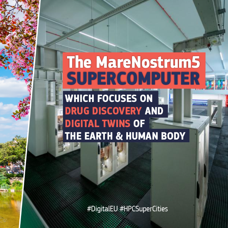 DigitalEU's tweet photo. 🗺️We're back #HPCSuperCities-hopping!
📌2nd stop: 🇪🇸 Barcelona, Spain
#MareNostrum5's peak performance is 314 #petaflops 🏆
#DYK that to match what a 1 petaflop computer system can do in just one second, you'd have to perform one calculation every second for 31,688,765 years?