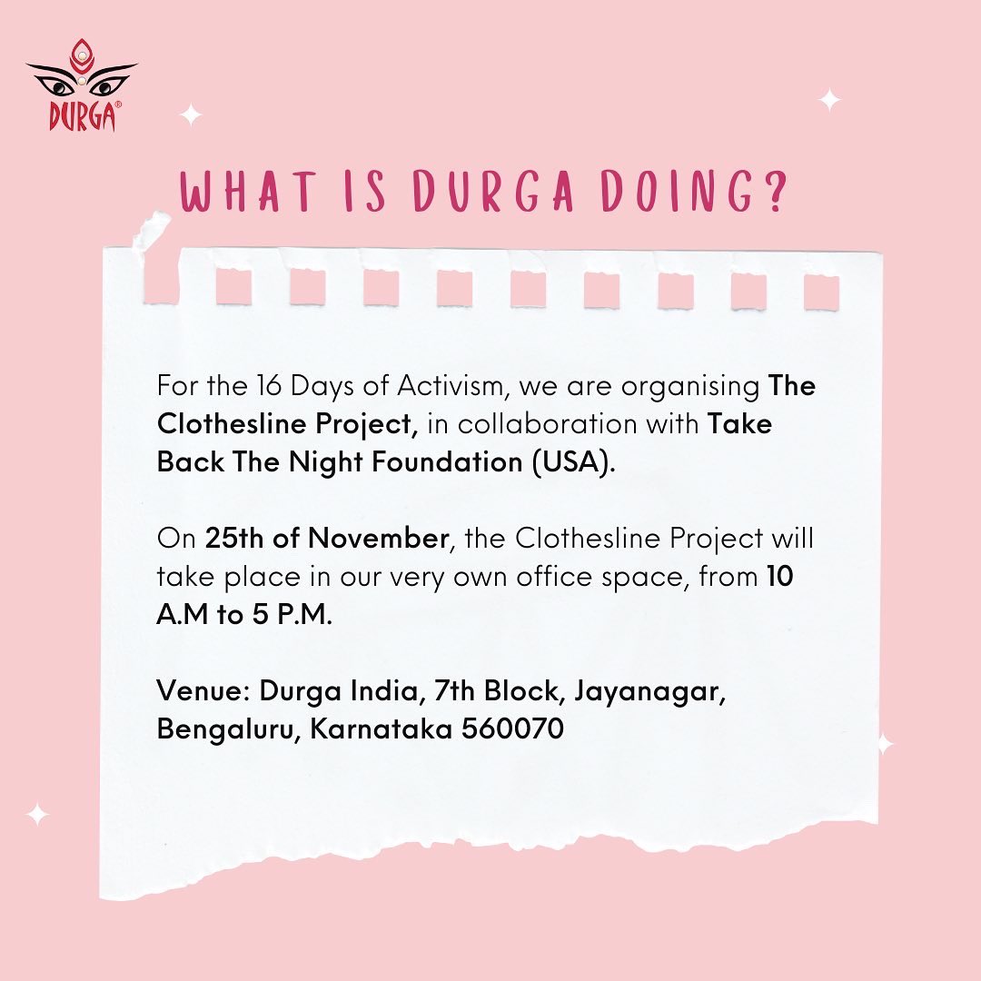 DurgaIndia1's tweet photo. As part of #16DaysOfActivism, join us tomorrow at the Durga office for #TheClotheslineProject, in collaboration with @tbtnfoundation ✨
#clotheslineproject #16daysofactivism #16daysofactivismagainstgenderbasedviolence #durgaindiaofficial #solidarity #sexualassaultawareness https://t.co/sGbRnQHELH
