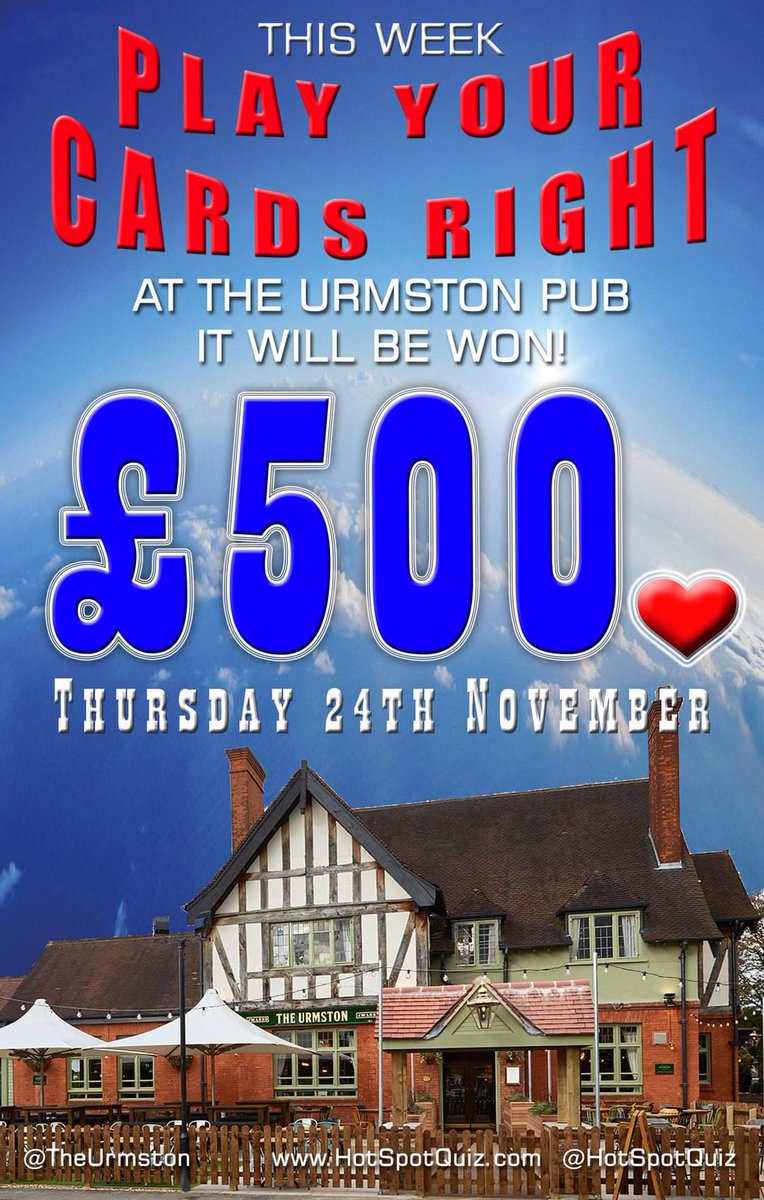 HotSpotQuiz's tweet image. THURSDAY - at @TheUrmston in #Urmston is our 5th @HotSpotQuiz of the week Powered by @SpeedQuizzing 
It's FREE &amp;amp; starts at 8pm
#UrmstonQuiz #PubQuiz #QuizNight #SpeedQuiz
👉£500👈 💰 "WILL BE WON TONIGHT" on Play Your Cards Right ♥️♠️♦️♣️ #PYCR
Sponsored by 👉 @YourUrmston