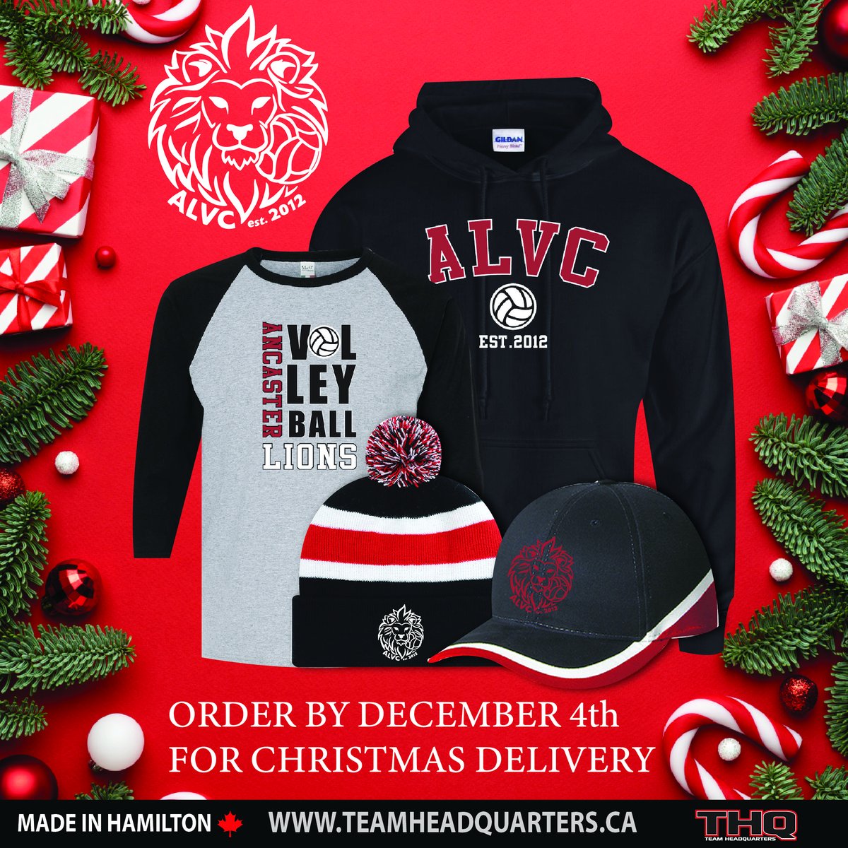 Order your <a href="/AncasterLionsVC/">Ancaster Lions VC</a> spiritwear before December 4th  and have it delivered in time for your family and friends this Christmas. #Spiritwear #AncasterLions #THQ #Christmas #ChristmasGift #Volleyballl #ChristmasShopping #TeamHeadquarters #Hoodies #Sweater #Hat