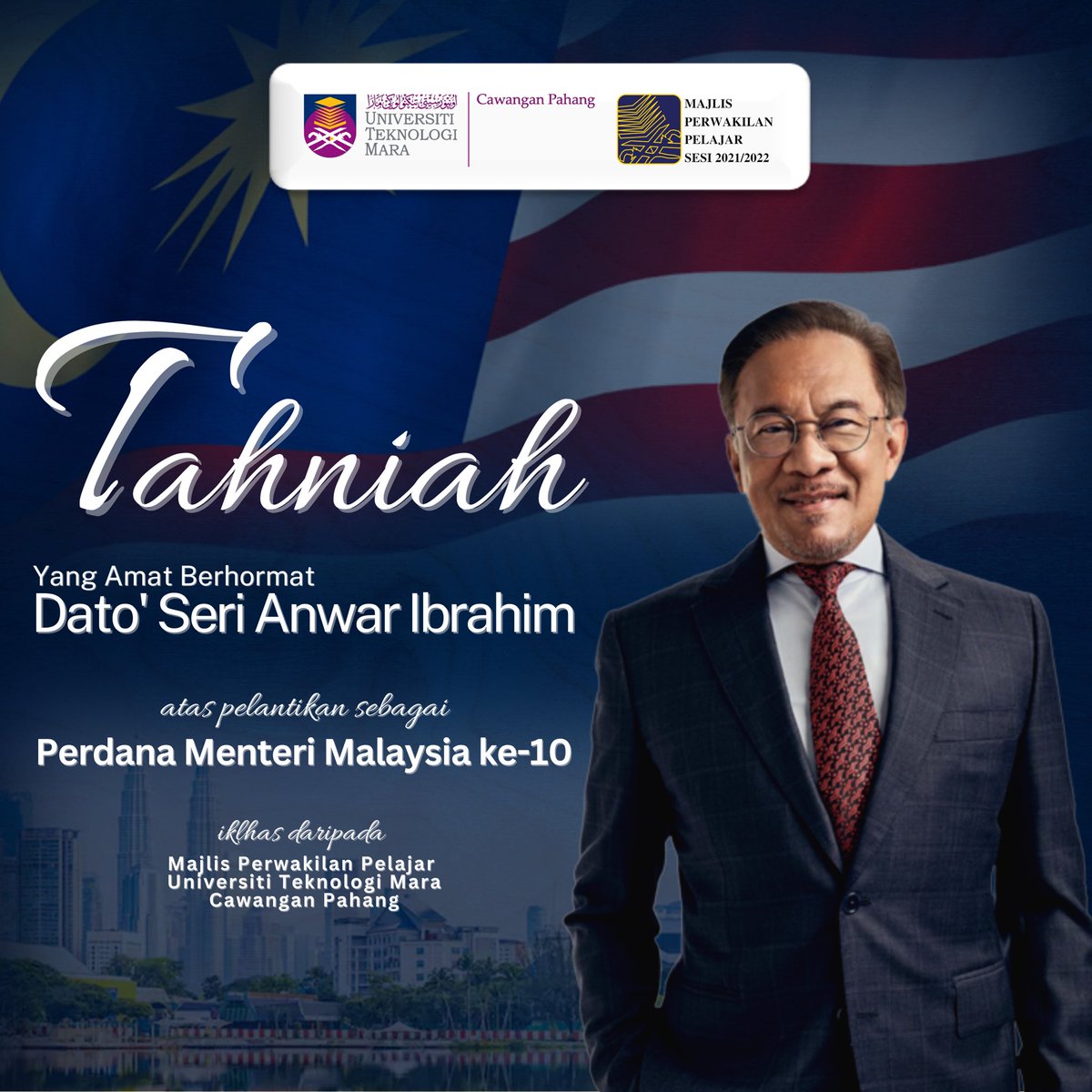 Tahniah DSAI💪

Dato' Seri Anwar Ibrahim telah dilantik sebagai Perdana Menteri Malaysia ke-10 secara rasmi setelah mengangkat sumpah dihadapan Yang di-Pertuan Agung hari ini.

Selamat Menjalankan Tugas Diucapkan kepada DSAI.