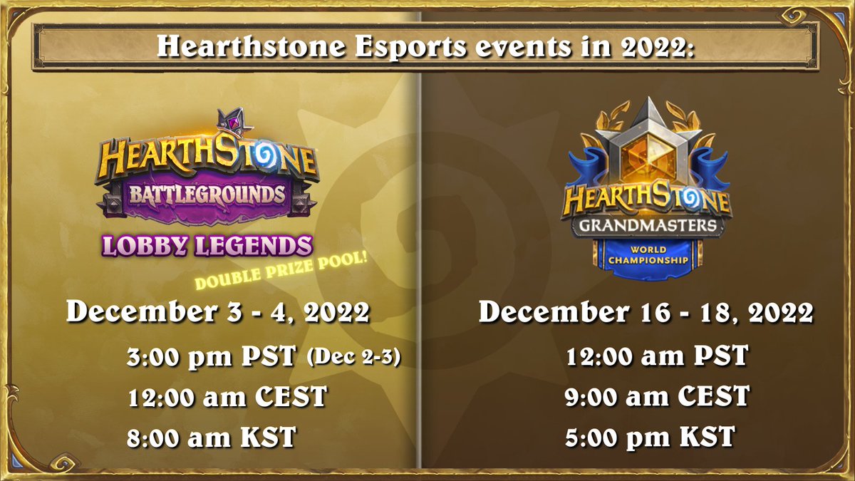 Let’s check out the schedules for upcoming Hearthstone Esports events in 2022!

Quick reminder - Lobby Legends begins next weekend and will introduce a double prize pool! More details coming next week, stay tuned!

#HSEsports #BGLL