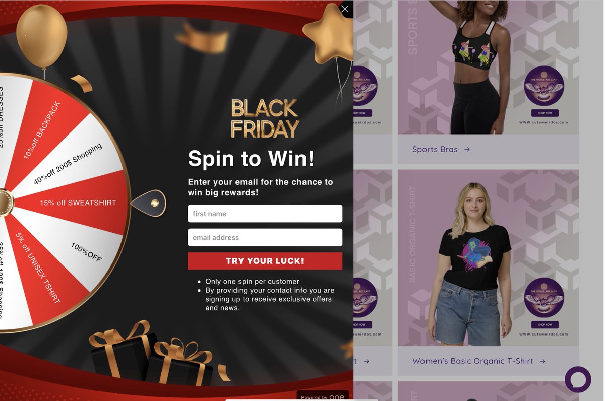 CUTEWEIRDOS_UNV's tweet photo. 💎 Spin the wheel, have the chance!
🔥BLACK  FRIDAY  REWARDS:
100% off
75% off
50% off
40%off 200$ Shopping
10%off BACKPACK
15% off SWEATSHIRT
5% off UNISEX TSHIRT
35%off 100$ Shopping
10% off LEGGINGS
10%off 100$ Shopping
20% off 200$ Shopping
25%off DRESSES
#blackfriday https://t.co/sWQvBoXvIp
