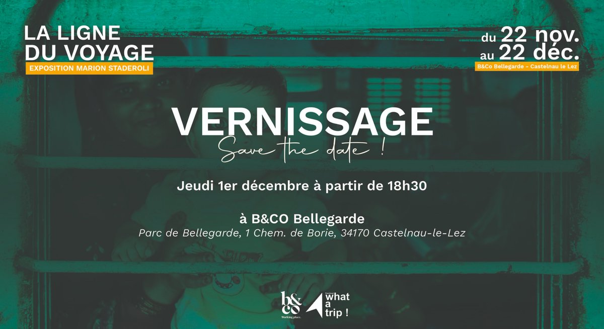 Vernissage le 1e Décembre à 
<a href="/bureauxandcoFR/">Bureaux & Co</a> - Bellegarde avec notre partenaire <a href="/WatMtp/">What A Trip ! Festival</a>, on prolonge le voyage et l'aventure ;) !!! 
  
1 rue de Borie à Castelnau-le-Lez.
bureauxandco.fr/vernissage-lig…

<a href="/myMetropolitain/">MÉTROPOLITAIN</a> <a href="/MLMontpellier/">Midi Libre Montpellier</a>  <a href="/montpellier_/">Ville de Montpellier</a>  <a href="/Montpellier3m/">Montpellier Métropole</a>