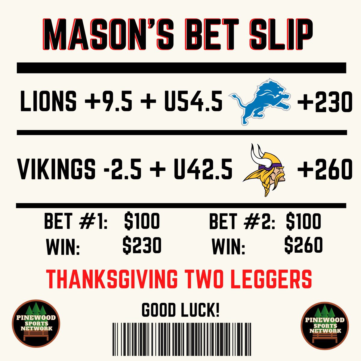 PineSportsNet's tweet photo. Thanksgiving Bets‼️

@m__dawg1: Thanksgiving Two Leggers🦃🦃

@WillGrayPSN: “Three Legged Turkey” Parlay 🦃🦃🦃

#SportsGambling https://t.co/kvo25YVk1H