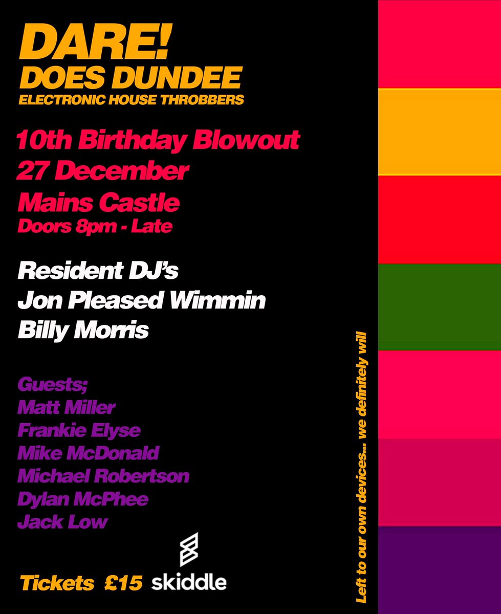 Just over a month to go and less then a third of tickets remaining. Have you got yours?
<a href="/jonpleased/">Jon Pleased</a> <a href="/cjdejongh/">michael robertson</a>  @MillerMattu <a href="/frankieelyse/">𝐅𝐫𝐚𝐧𝐤𝐢𝐞 𝐄𝐥𝐲𝐬𝐞 𝐀𝐥𝐥𝐚𝐧</a> <a href="/tweetdde/">Dundee Dance Event</a> <a href="/dylanmcpheedj/">Dylan McPhee (DJ)</a> 
skiddle.com/whats-on/Dunde…
#daredoesdundee #dare #jpw