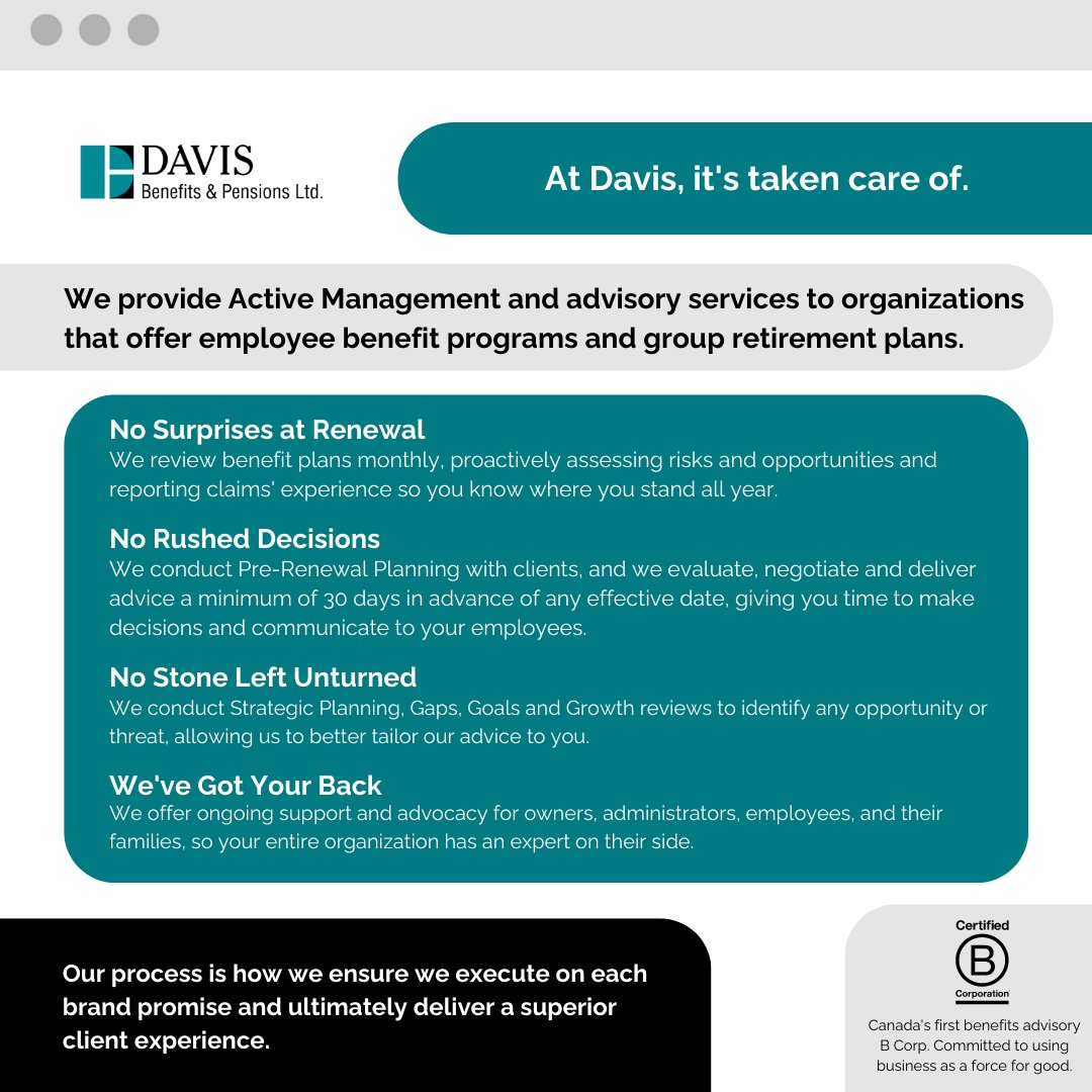 cloudadvisorsCA's tweet photo. Say hello to our advisor partner, @DavisBenefits! 🤝

✅ Davis provides active management and brokerage services to Canadian employers who offer employee benefits and group retirement plans. 

Connect with a Davis Employee Benefits expert today.👇
https://t.co/Qu1lSMVcET https://t.co/9044huVWtg