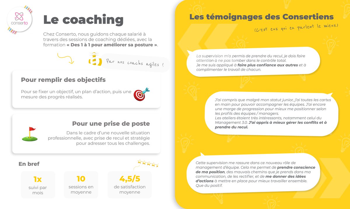 Chez <a href="/_Conserto/">Conserto 💫</a>, nous aidons nos salariés à remplir leurs objectifs, à prendre en main leur poste &amp; à faire face à leurs problématiques terrain. Ce coaching est réalisé par nos agilistes pour aider chaque Consertien à s’épanouir ! Nous rejoindre ? carrieres.conserto.pro
🔎
