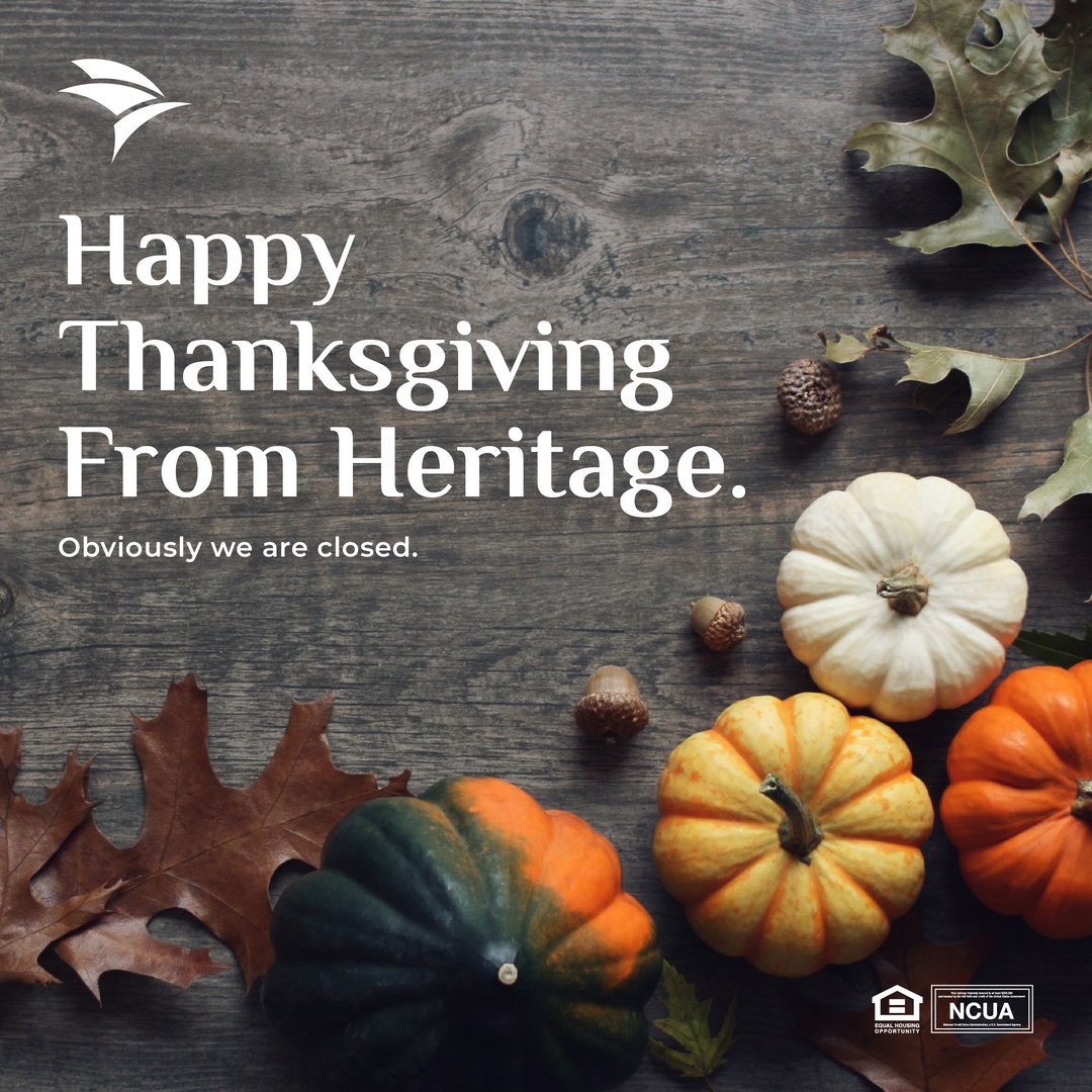 heritage_fcu's tweet photo. Happy Thanksgiving, from our fam to yours. 🎃🦃🧡

Obviously, we're closed.

We are open the following day, Friday, 11/25, during our normal business hours. 

Enjoy the smell of your house today. And please take a nap.

#happythanksgiving https://t.co/BSBGYe2Ojp