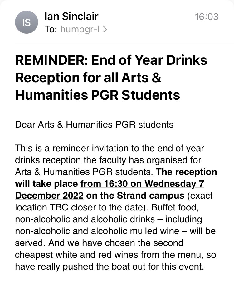 So while we’ve been out on the picket lines today, fighting for better pay, pensions, &amp; working conditions, the Faculty of Arts &amp; Humanties wants us to know they’ve sprung for the second cheapest wines on the menu! They really value us PGRs, don’t they…