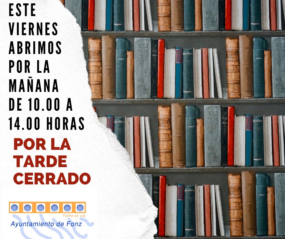 🔊Como cada último viernes de mes, la Biblioteca cambia su horario a la mañana. 
🕙Abrimos de 10.00 a 14.00.