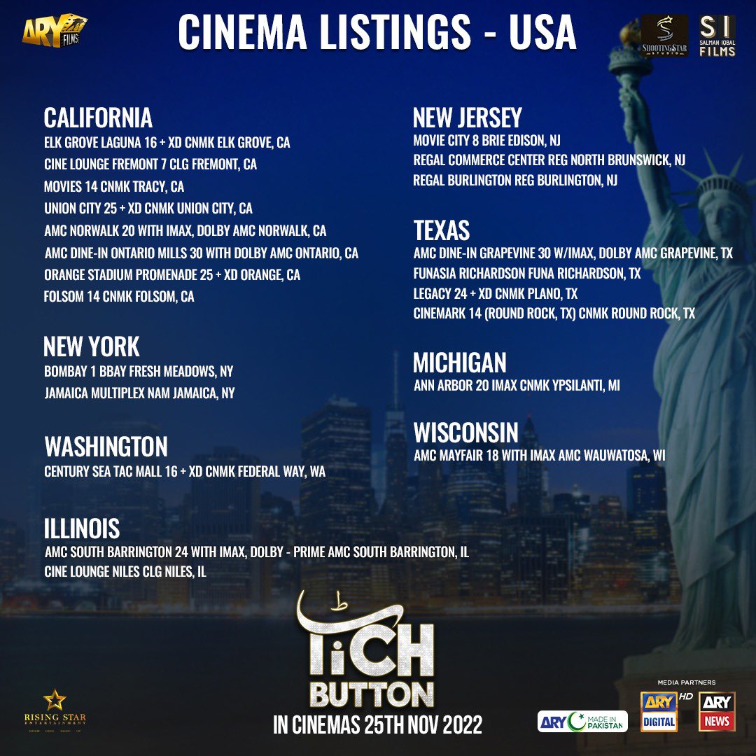 aryfilmsary's tweet photo. Here's the cinemas listing for #tichbutton in #uk #usa &amp; #canada 

🎥 Releasing worldwide on 25th Nov 2022

@farhan_saeed  @soniahussyn 
@Salman_ARY @Jerjees @VJURWA @Qasimalimureed 

#aryfilms #shootingstarstudio #salmaniqbalfilms #roohafzago #redisthenewgo https://t.co/nbaKdGR01S