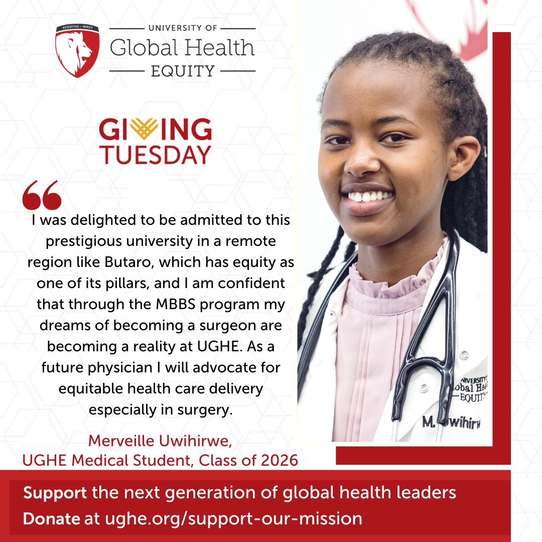 For the upcoming #GivingTuesday, support us in our mission of training future global health leaders like Merveille who will influence health systems to deliver quality health care to all especially the most vulnerable.

Donate to #UGHE today! ughe.org/support-our-mi…