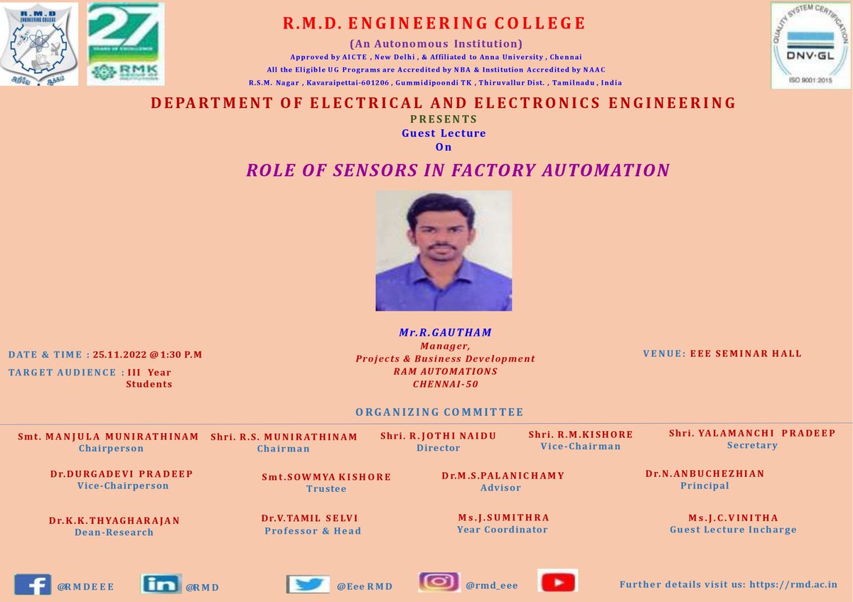 EeeRmd's tweet photo. Department of EEE organizes Guest Lecturer on "Role of Sensors on Factory Automation" by Mr.R.Gautham, Manager, Ram Auromations. https://t.co/982Nk4Eh4a