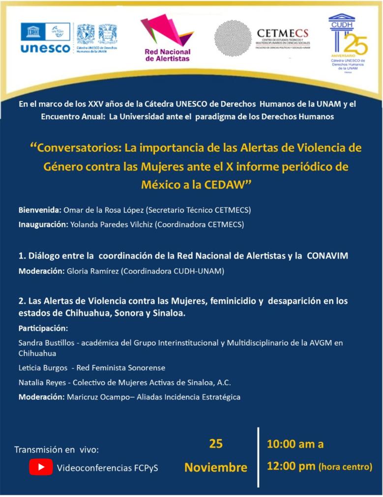 UNAM_FCPyS's tweet image. 📣 Mañana no te puedes perder
Conversatorios: La importancia de las Alertas de Violencia de Género contra las Mujeres ante el X informe periódico de Mexico a la CEDAW
🗓 25 de noviembre.
⏰ 10:00 hrs.
🎥 Transmisión youtube.com/c/Videoconfere…
 #UNESCO #CETMECS #CUDH #FCPyS #UNAM