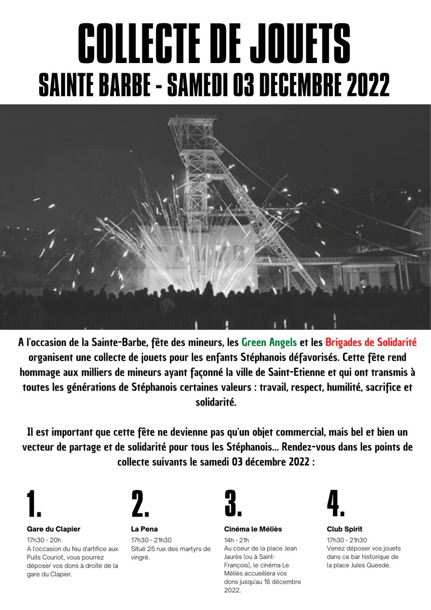 GreenSolidarite's tweet photo. ⚫️SAINTE-BARBE⚫️

A l'occasion de la Sainte-Barbe (03/12), fête des mineurs, les Green Angels et les Brigades de Solidarité organisent une collecte de jouets pour les enfants Stéphanois défavorisés. 

INFOS ET POINTS DE COLLECTE ⬇️ https://t.co/QCHFAMGUs0