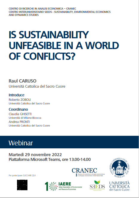 Nov 29 13.00-14.00 <a href="/Unicatt/">Università Cattolica</a>  hosts "Is sustainabillity unfeasible in a world of conflicts?"
#online,  link  linkedin.com/feed/update/ur… 
#sustainability #conflicts #MoreSeeds for #economics
part of the <a href="/IaereOf/">IAERE Italian Assoc. of Environ. & Resource Econ.</a>  IAERE10 Tour iaere.org/iaeretour/IAER…