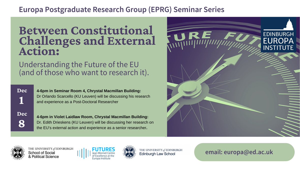 EdinEuropaRG's tweet photo. Join us on the 1st and 8th of December to discuss EU constitutional challenges and external action together with Orlando Scarcello and Edith Drieskens from 
@KU_Leuven
 🇪🇺!

rsvp to europa@ed.ac.uk https://t.co/8c9qH1e6IE