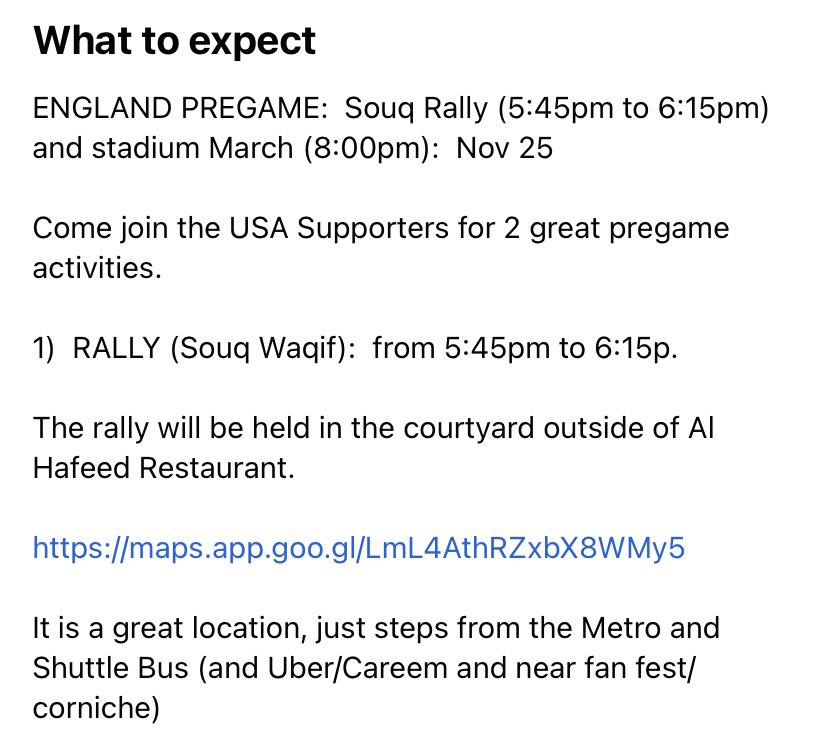 UlyssesSChant's tweet image. Details on US Supporters’ in Doha pre-match gathering/march to stadium.

Prepare. Say a prayer. Send the word to beware. 

#USAvENG #USMNT #USA #WorldCup2022