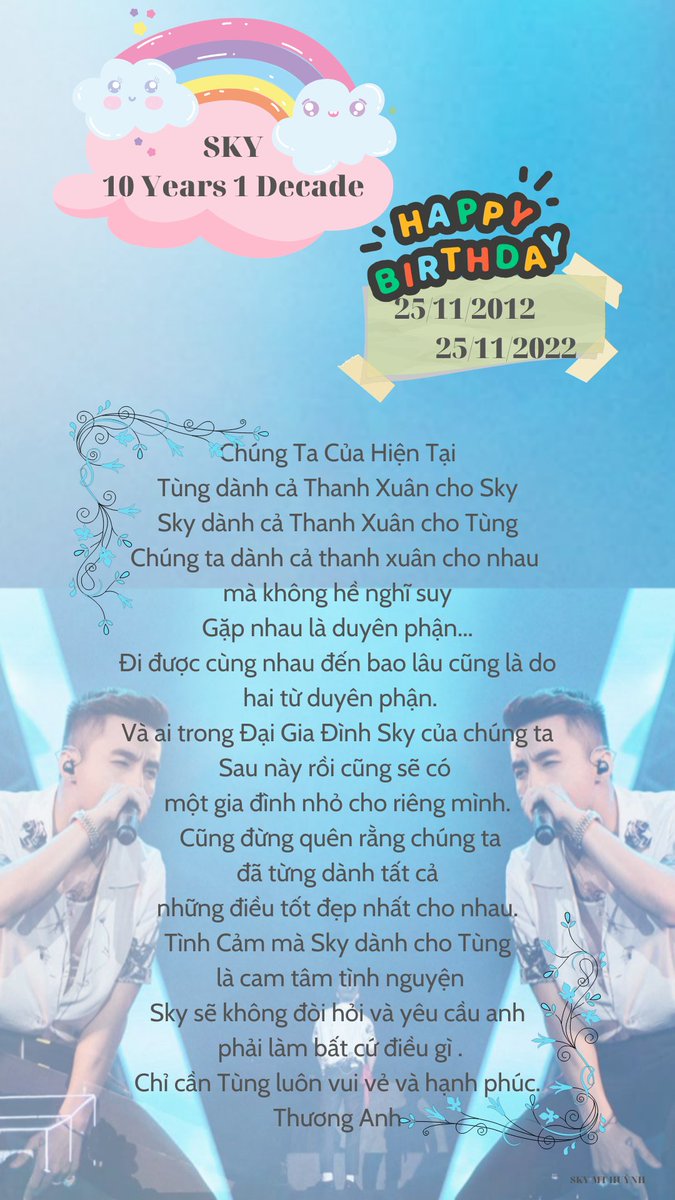 SkyMTHunh1's tweet photo. 1 DECADE WITH SKY M-TP 

ĐẠI TIỆC SKY TRÒN 10 TUỔI

@sontungmtp777 

#SonTungMTP
#SKYMTP 
#Thập_Kỷ_SKY
#HappySKYMTPDay https://t.co/YiQAtPyCqM