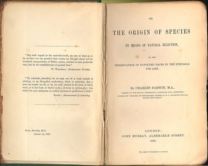 #OnThisDay in 1859, Charles Darwin's landmark book 'On the Origin of Species' was first published. The work is one of the foundations of evolutionary biology, and one of the most important scientific works of the 19th century. #HistoryOfScience