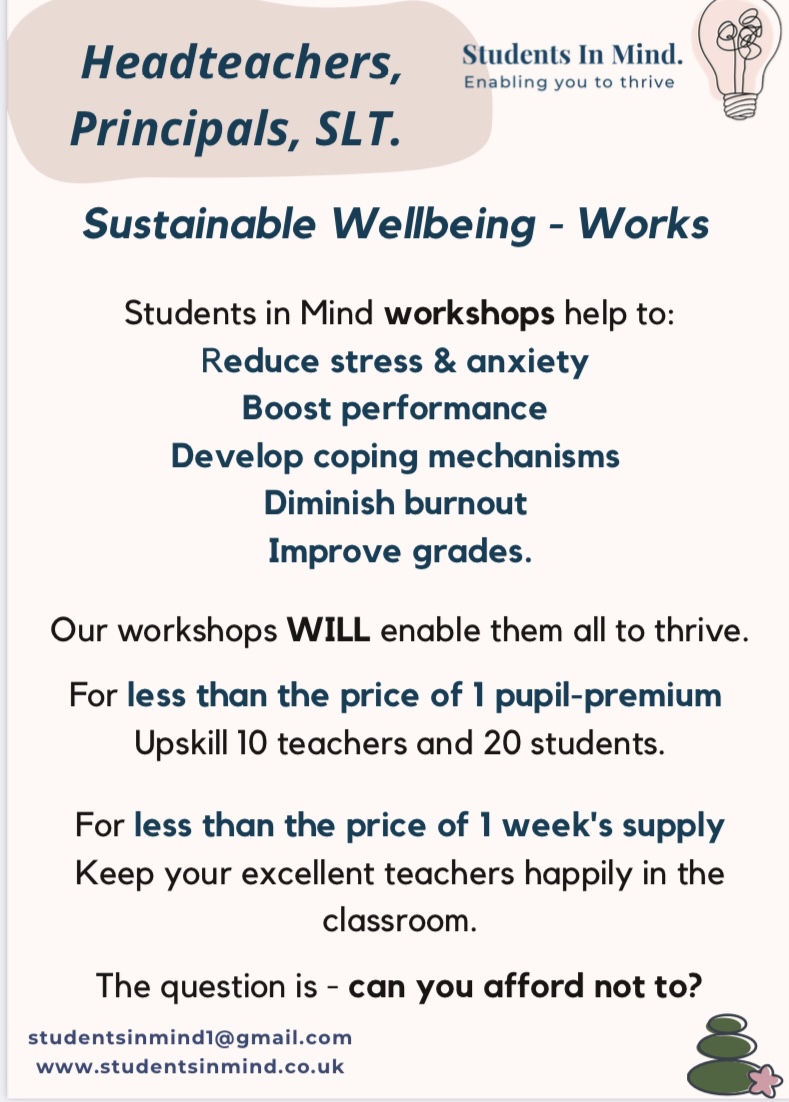 StudentsInMind3's tweet photo. Are you aware that making wellbeing sustainable WILL create successful students and happier teachers?
#MentalHealthMatters #wellbeing #students #teachers #headteachers #principal #sustainablewellbeing https://t.co/rKVTio4lCO