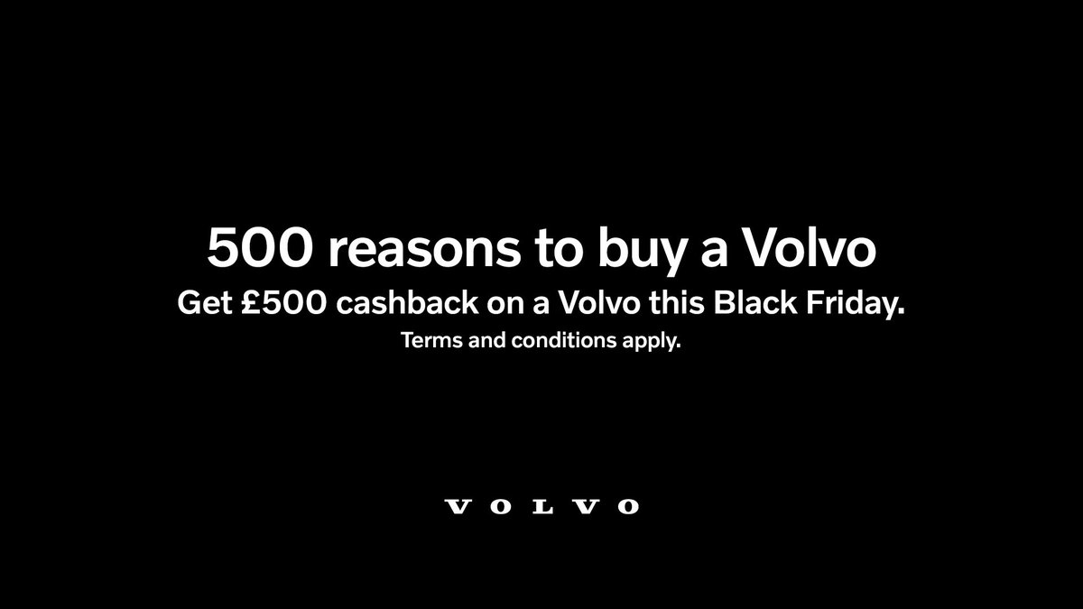 MarshallVolvo's tweet photo. 500 reasons to buy a #Volvo!
 
For a limited time this #BlackFriday, we’re offering £500 cashback on new or Selekt Used Volvo cars ordered between 25 &amp; 26 November^.   To take a look at our stock please click the following > https://t.co/B1S24QUcVa
 
^Terms and conditions apply https://t.co/3PgixF0iKX