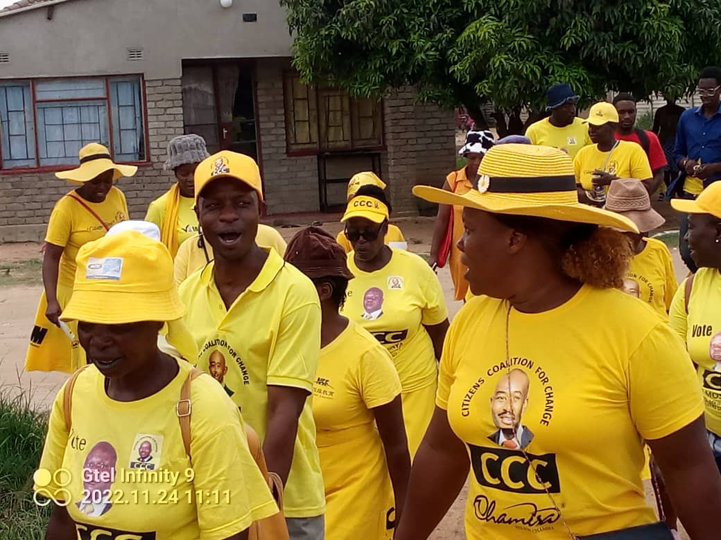 CCCMkoba_North's tweet photo. Door- to-Door campaign for 3 Dec by-elections. our Senga ward 5  Councillor Clopas Shiri will definately trump The future is Yellow https://t.co/zpeBSXV1Jd