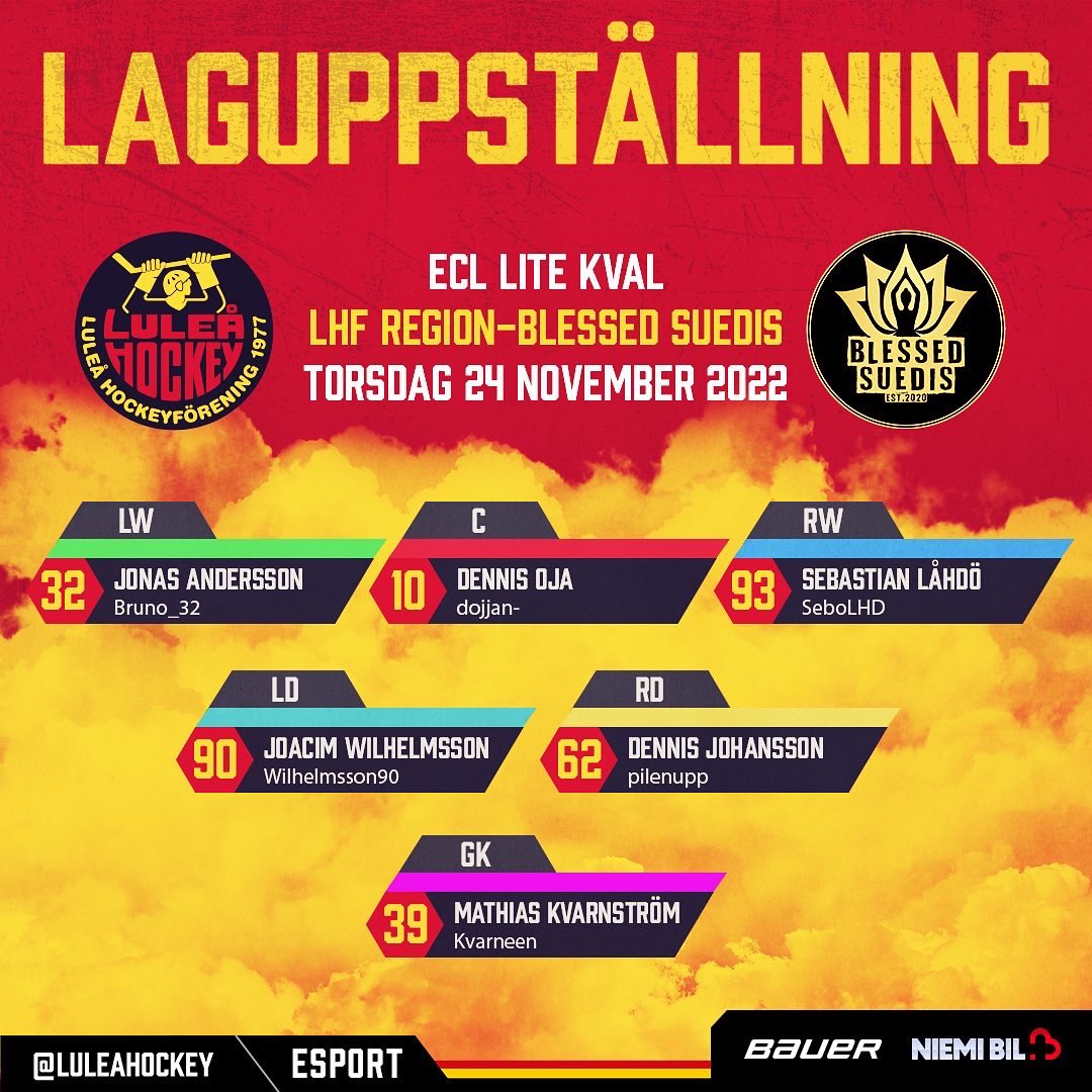 Gameday! 🚨

Både Akademi-laget och Region-laget går ikväll in i hetluften med kvalspel! Akademi-laget kvalar för att ta sig till ECL Pro (näst högsta Europa-ligan) och Region-laget till ECL Lite (tredje högsta ligan) 

Du kan följa bägge lagens matcher som vi sänder på twitch.
