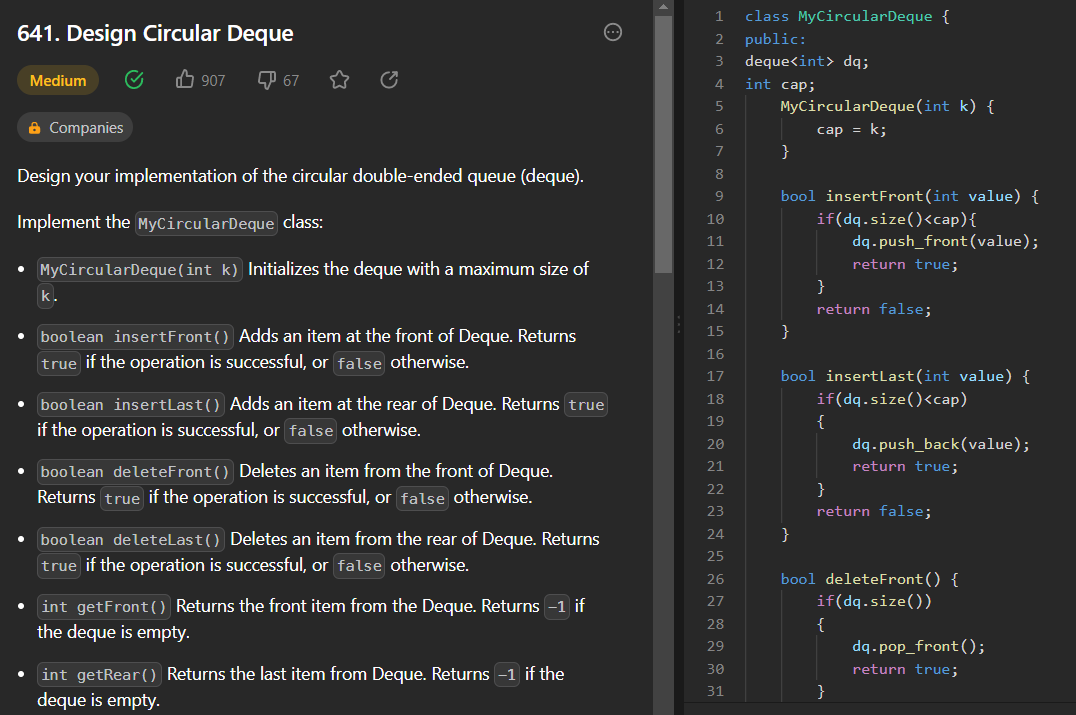 Kunjika_9's tweet photo. Day 42:
Problem: Design Circular Deque
#GirlsWhoCode
#60daysofcoding #60daysofgrowth https://t.co/NRLSaAFypU