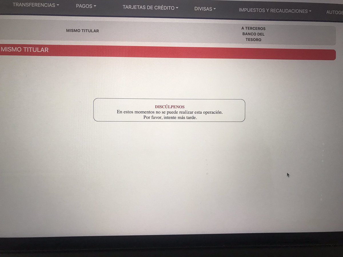 Jackelinsifonte's tweet photo. @bcodeltesoro @NicolasMaduro @MinEcoFinanzas @jimmyojeda79 @PresidencialVen @delcyrodriguezv @ViceVenezuela Señores la banca en linea no permite transferencia. https://t.co/9gskGg2qdp