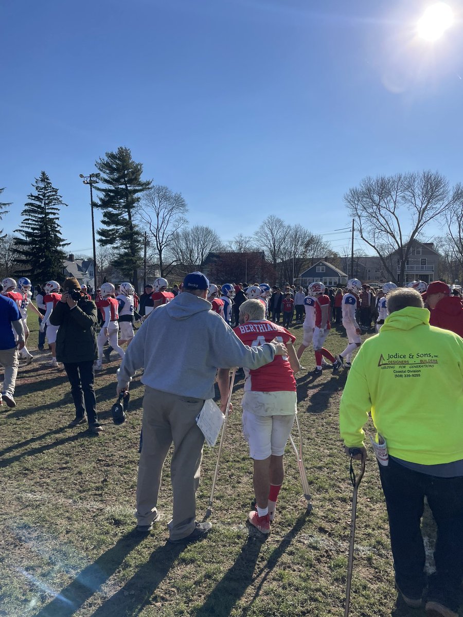 Attleboro coach Mike Whitefield and North’s Greg Berthiaume share a moment after today’s game.

Greg broke his leg but wanted to stick around and watch the rest of the game. He had a receiving touchdown on one of his final plays in his high school career.
