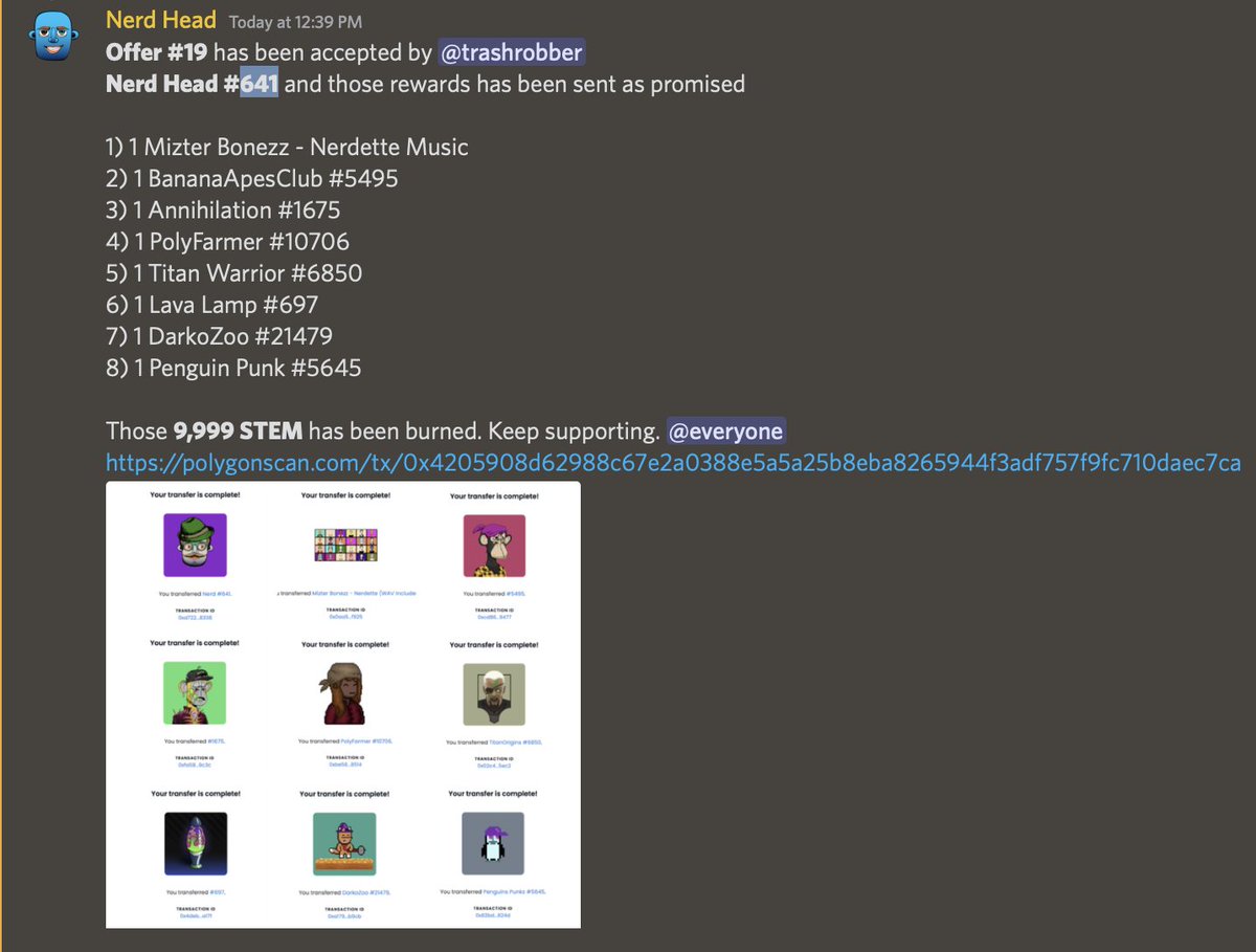 nerdheadclub's tweet photo. Offer #19 has been accepted
Nerd Head #641 and those rewards has been sent as promised.
Offers can be seen in discord.
#STEMToken #NFTCommunity https://t.co/NeshybXiyn