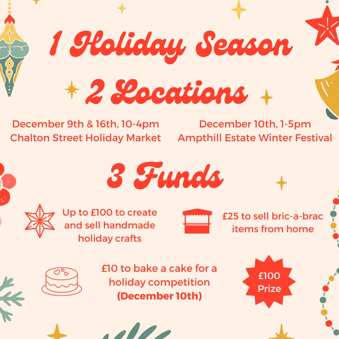 We're excited to announce that over the holiday season we'll be supporting residents to try their hand at baking, making, and selling holiday goods at three amazing events! More info & applications are live at: forms.office.com/r/4Ah3s2g5zZ #HolidayMarket #ChaltonStreet #Ampthill