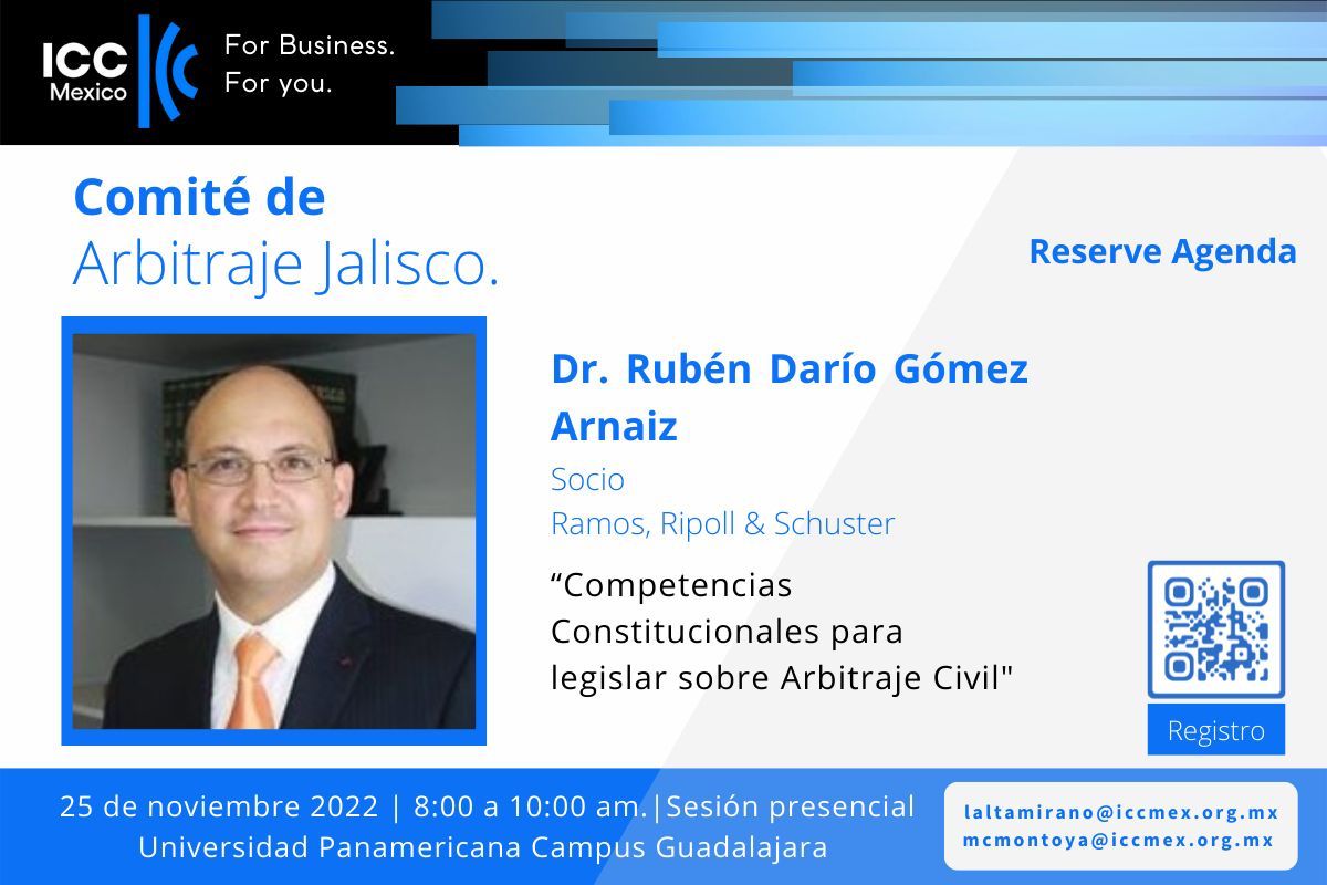 Les extendemos la más cordial invitación a la Sesión Comité de Arbitraje Jalisco este próximo viernes 25 de noviembre en sesión presencial de 8:00 a 10:00 hrs. presentado por nuestro Socio el Mtro. Rubén Darío Gómez Arnaiz. 

Más información y registro: 👇
iccmexcapacitacion.mx/Eventos/Public…