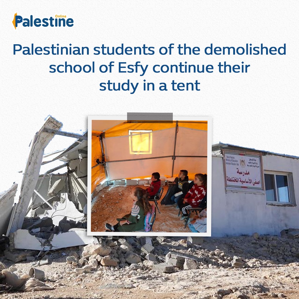OnlinePalEng's tweet photo. Palestinian students insist on taking their lessons in a tent after Israeli occupation forces demolished their school, which served 22 students from four different villages in Masafer Yatta, south of Hebron. 
#SaveMasaferYatta https://t.co/h2E9YEibsX