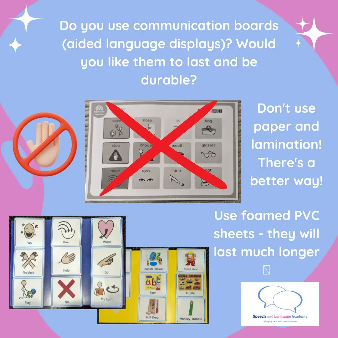Here's a hack for you on how to make your aided language displays last longer than a laminated sheet of paper. I use foamed PVC sheets. They are solid, lightweight and waterproof. I get them from a website called plasticsheetsshop.co.uk. #speechandlanguagetherapy #AAC #mySLTday