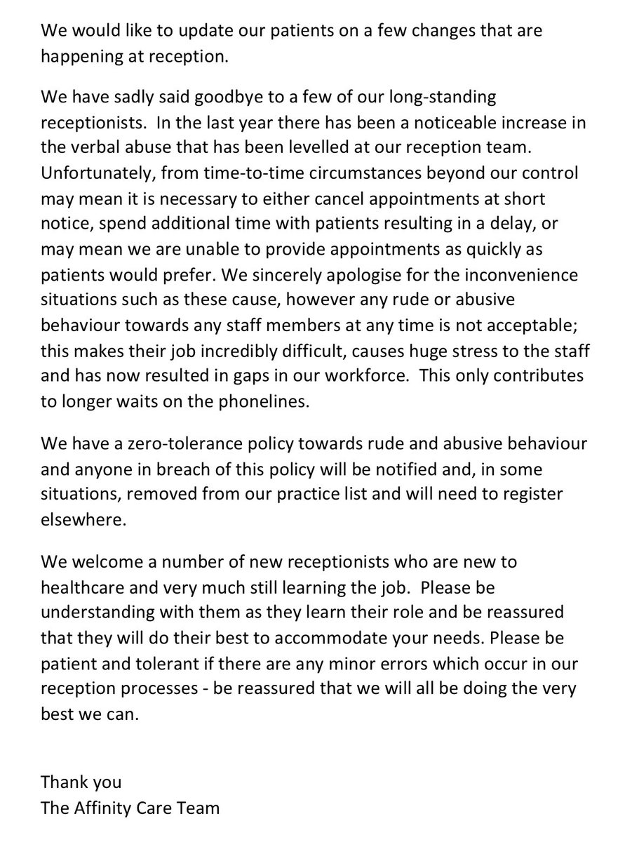 AffinityCarePCN's tweet photo. A letter to explain what our front line staff have been through recently. #BeKind #ZeroTolerance #BePatient https://t.co/ESFn3XZ2Xc