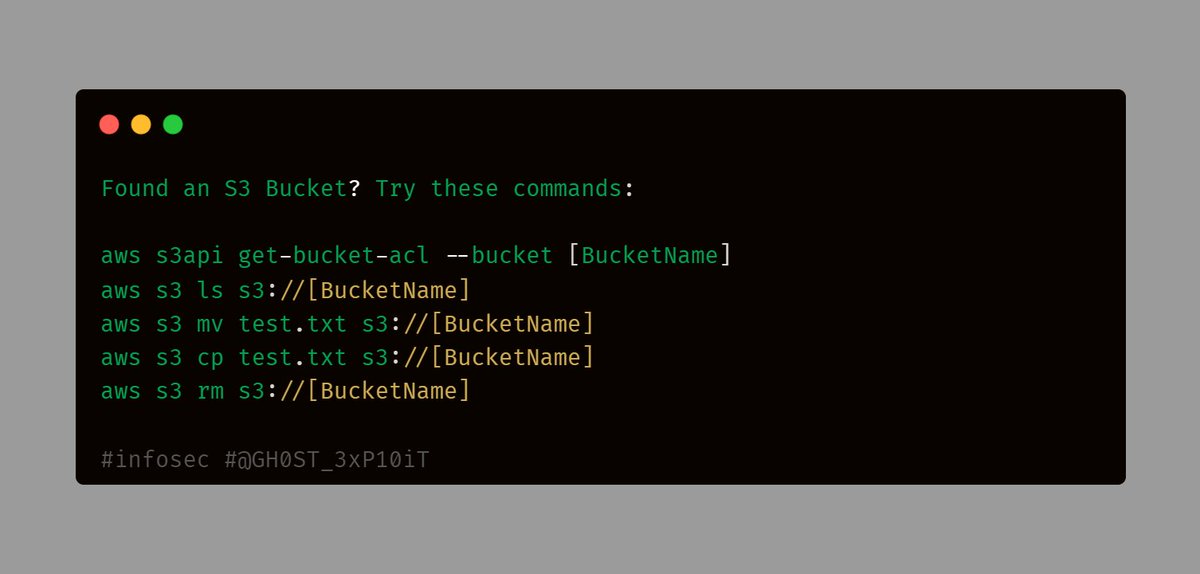 0x0SojalSec's tweet photo. Found an S3 Bucket? Try these commands:
#infosec #bugbountytips #awssec #cybersecuritytips #aws https://t.co/JDucQnuOwy