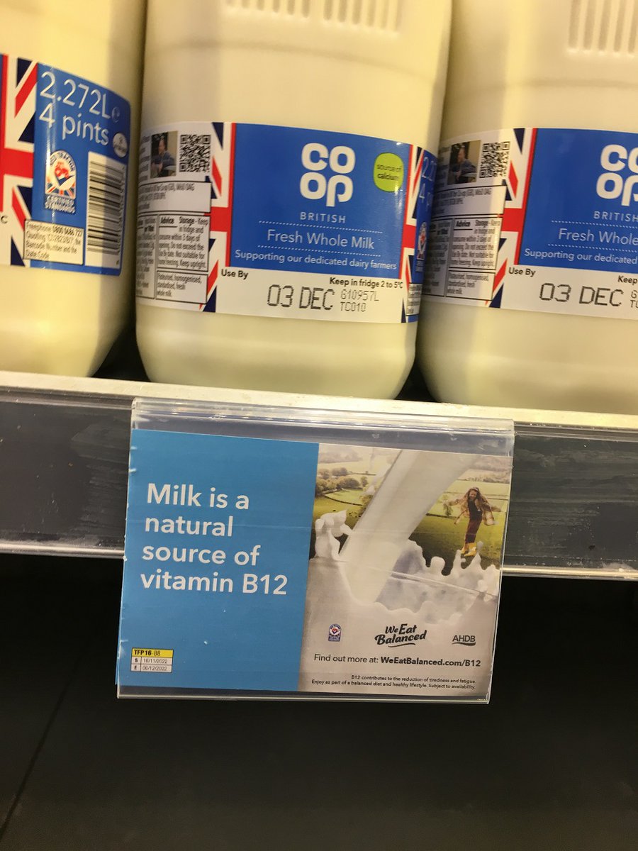 AHDB_Dairy's tweet image. Fantastic to see We Eat Balanced promoting milk as a natural source of B12 on supermarket shelves. Thanks @CoopAgriMatters for your support 🙏

Follow the campaign on:
- facebook.com/WeEatBalanced
- instagram.com/weeatbalanced/