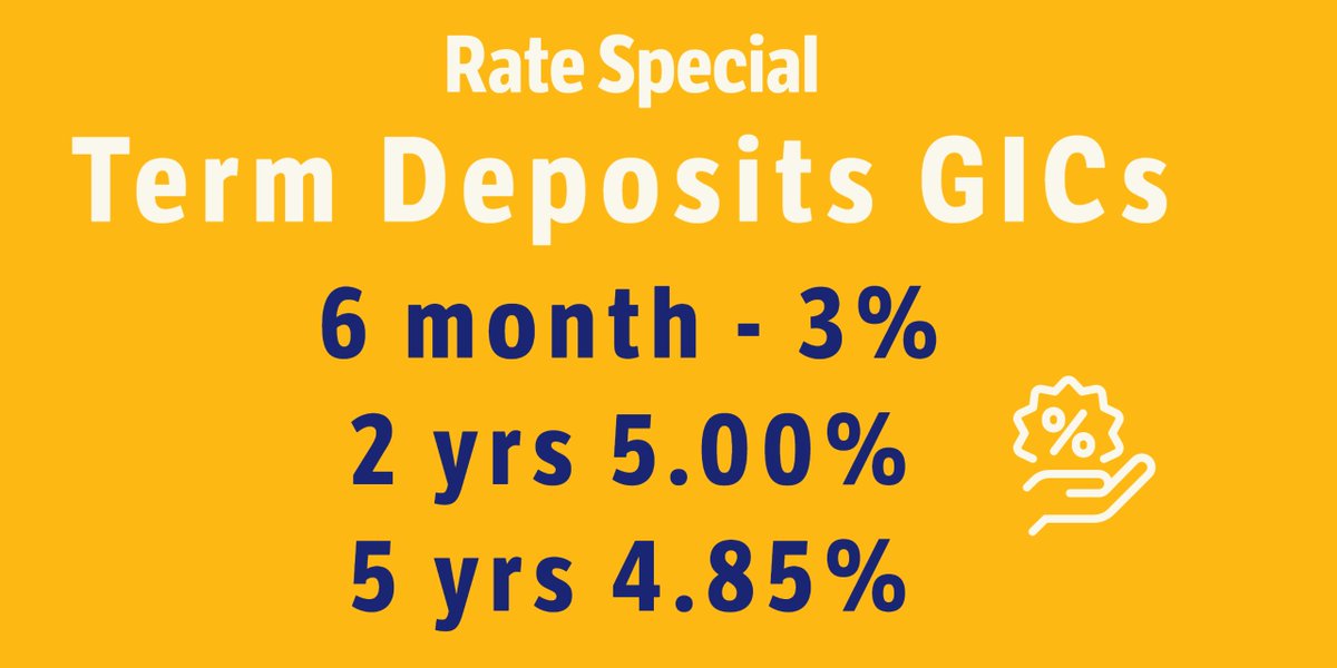 New rates! Term Deposits / GICs -  2-year rate is now 5.00%, our 5-year rate is 4.85%, and a 6-month term at 3%.  Something for everyone. Get in before the end of the year.  Book your appointment today! 
ow.ly/4h7350LN5Uj