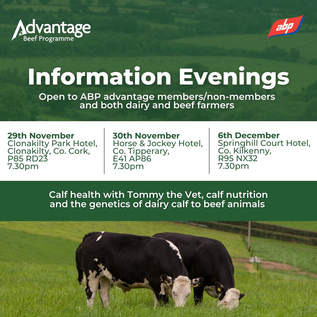 📢Join us for our information evenings over the coming weeks! 

3 evenings, 3 locations, and lots of interactive tutorials, videos, and Q&amp;A sessions throughout. 

📩RSVP your name and which event you wish to attend to Amie Coonan on 086 440 5891.

#TeamBeef #CalfToBeef